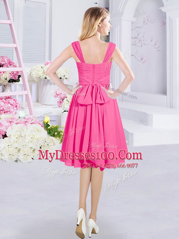 Hot Pink Sleeveless Ruching and Belt Knee Length Damas Dress