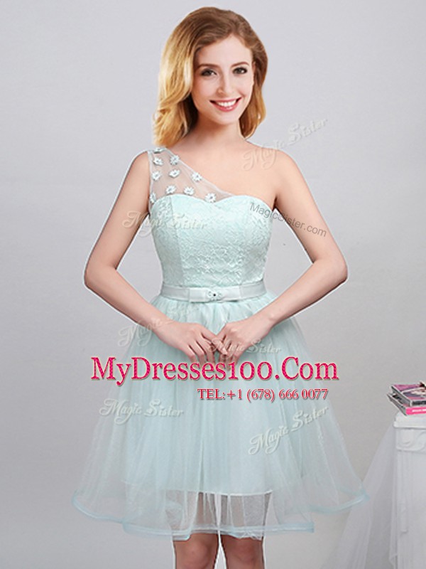 One Shoulder Apple Green Sleeveless Lace and Appliques and Belt Mini Length Bridesmaid Dress