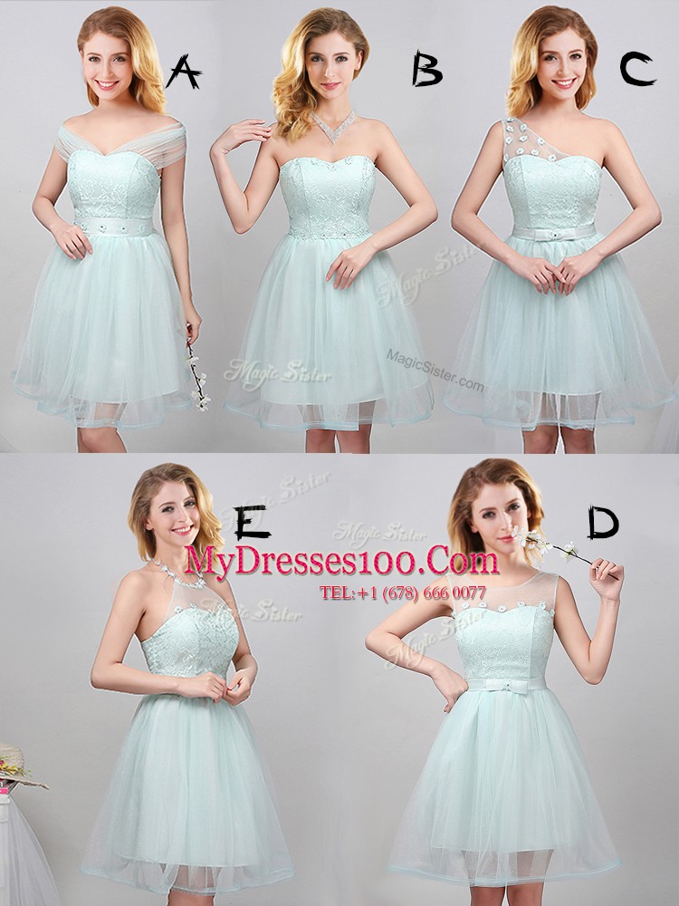 One Shoulder Apple Green Sleeveless Lace and Appliques and Belt Mini Length Bridesmaid Dress