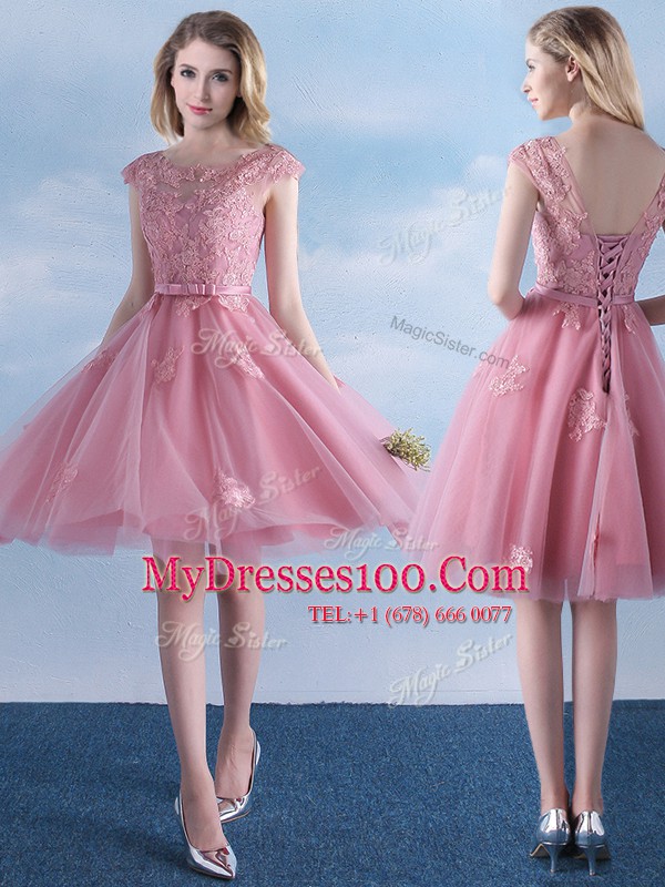 Scoop Cap Sleeves Appliques and Belt Lace Up Dama Dress for Quinceanera