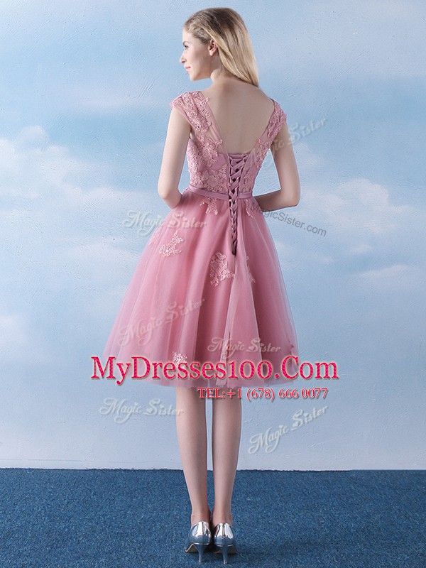 Scoop Cap Sleeves Appliques and Belt Lace Up Dama Dress for Quinceanera