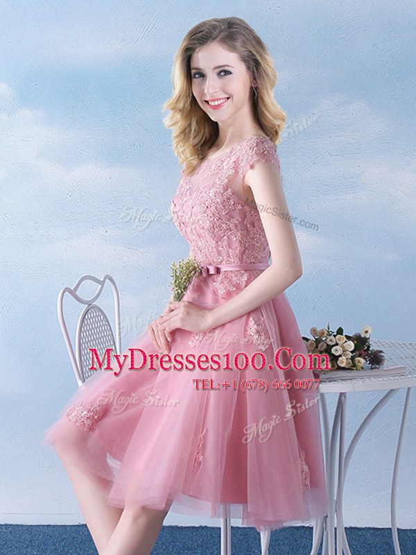 Scoop Cap Sleeves Appliques and Belt Lace Up Dama Dress for Quinceanera