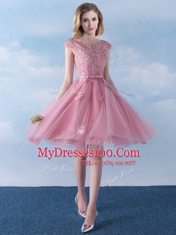 Scoop Cap Sleeves Appliques and Belt Lace Up Dama Dress for Quinceanera