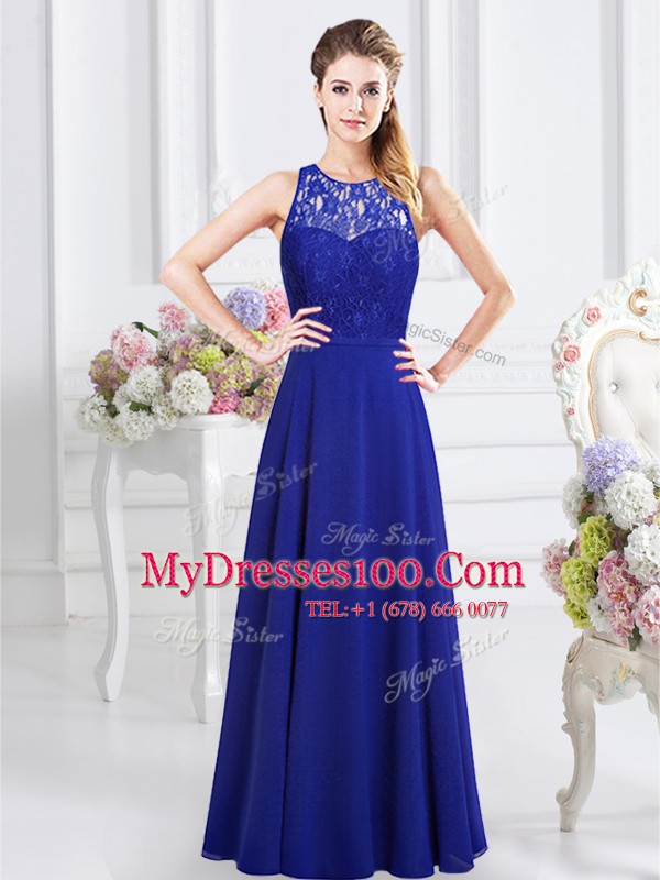 Scoop Sleeveless Chiffon Floor Length Backless Dama Dress in Royal Blue with Lace