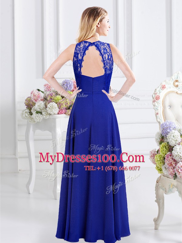 Scoop Sleeveless Chiffon Floor Length Backless Dama Dress in Royal Blue with Lace