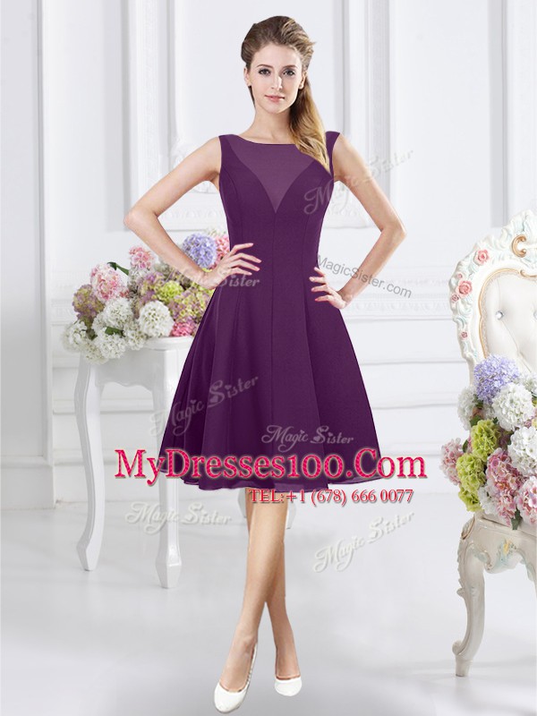 Fantastic Sleeveless Chiffon Knee Length Zipper Wedding Guest Dresses in Purple with Ruching