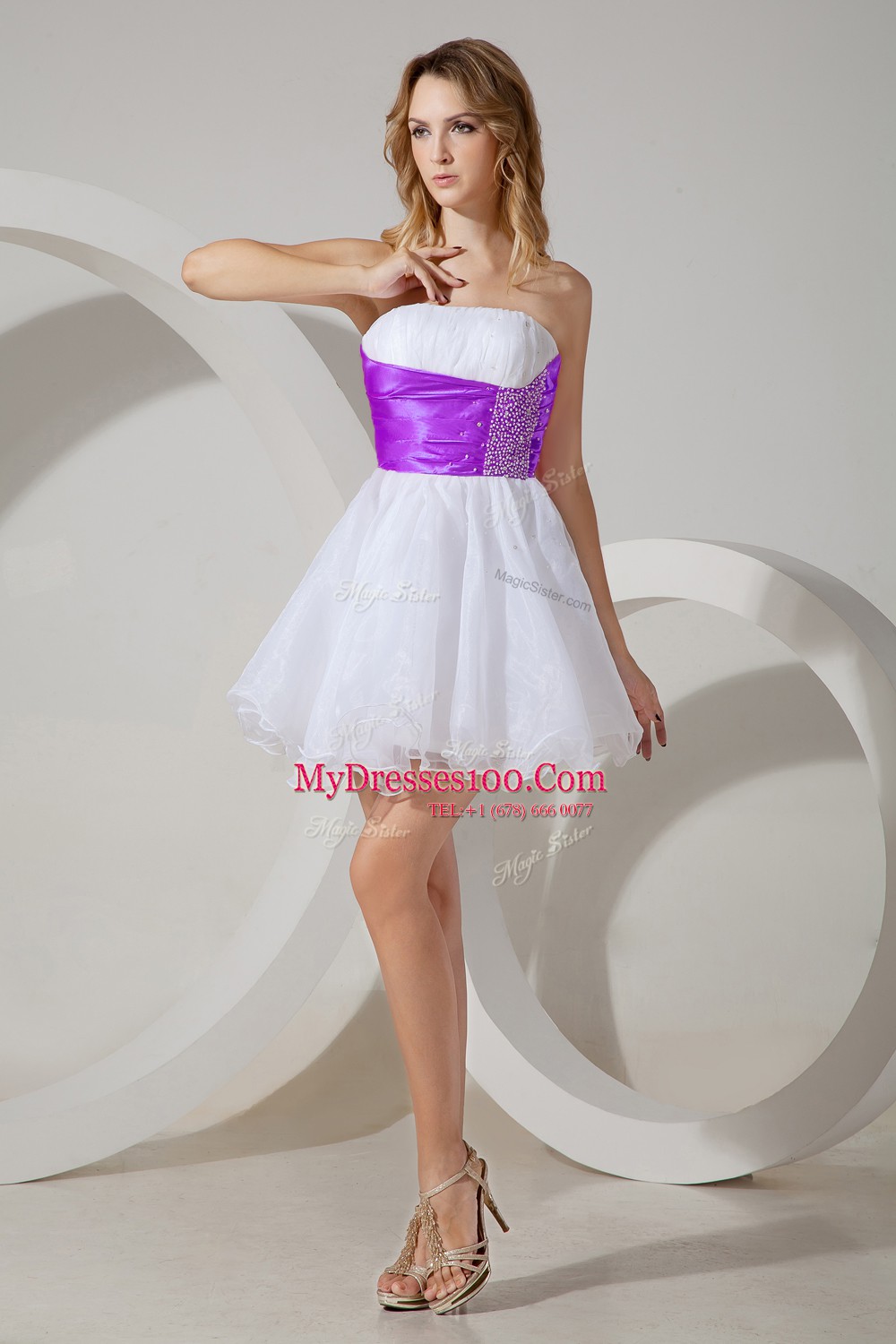 White And Purple A-line Organza Strapless Sleeveless Beading Mini Length Zipper Court Dresses for Sweet 16