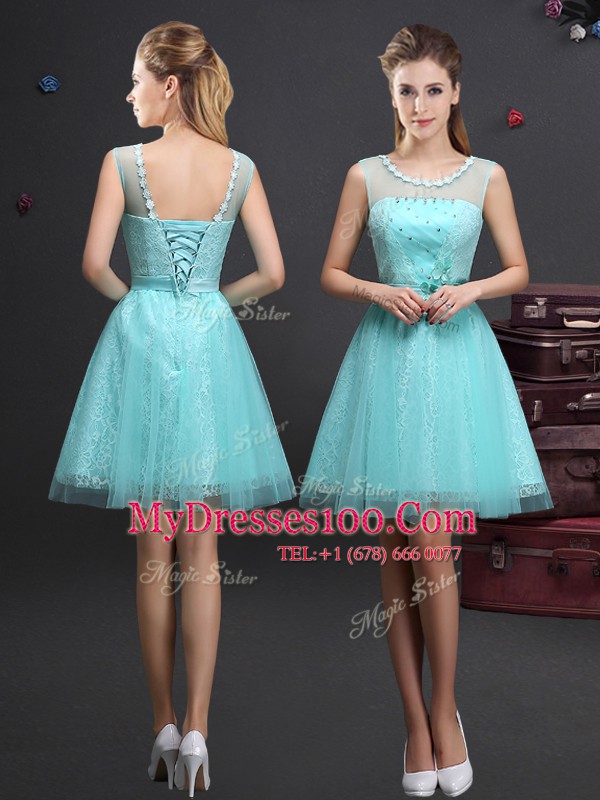 Scoop Aqua Blue Sleeveless Mini Length Beading and Lace and Appliques and Belt Lace Up Dama Dress for Quinceanera