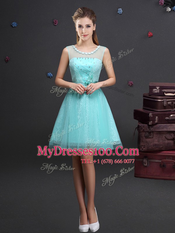 Scoop Aqua Blue Sleeveless Mini Length Beading and Lace and Appliques and Belt Lace Up Dama Dress for Quinceanera