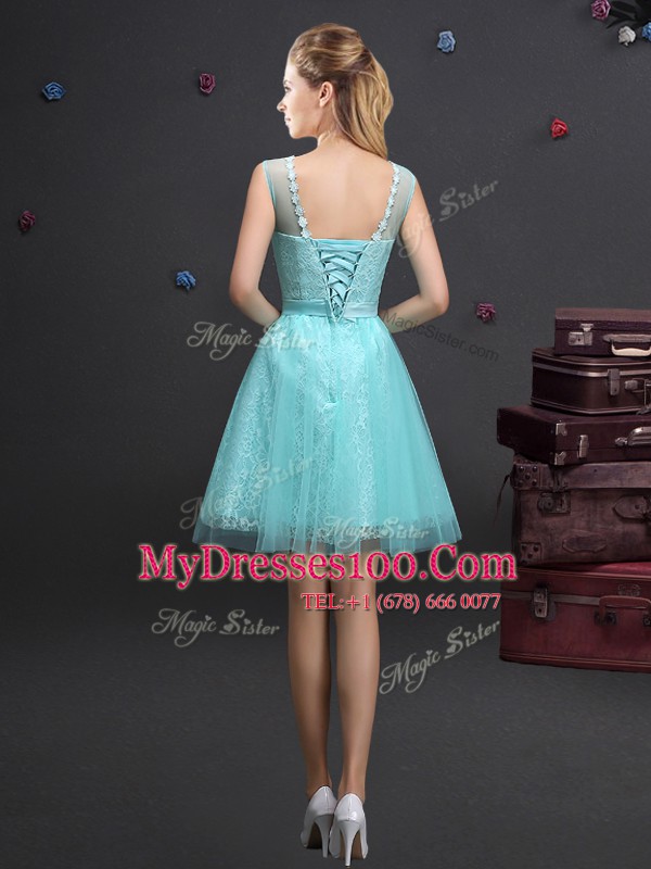 Scoop Aqua Blue Sleeveless Mini Length Beading and Lace and Appliques and Belt Lace Up Dama Dress for Quinceanera