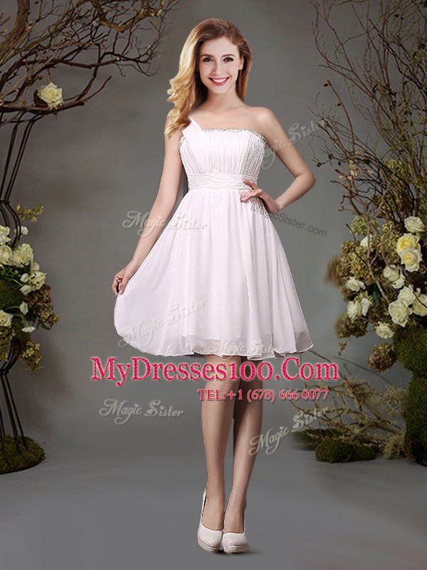 White Empire Chiffon One Shoulder Sleeveless Beading and Ruching Mini Length Zipper Bridesmaid Dress
