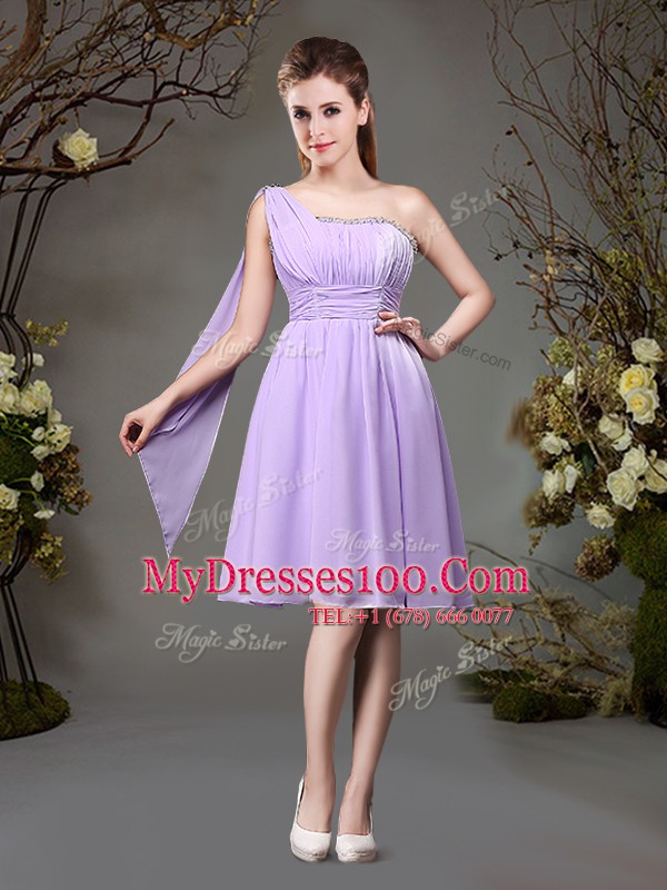 Super One Shoulder Chiffon Sleeveless Mini Length Bridesmaid Dress and Beading and Ruching
