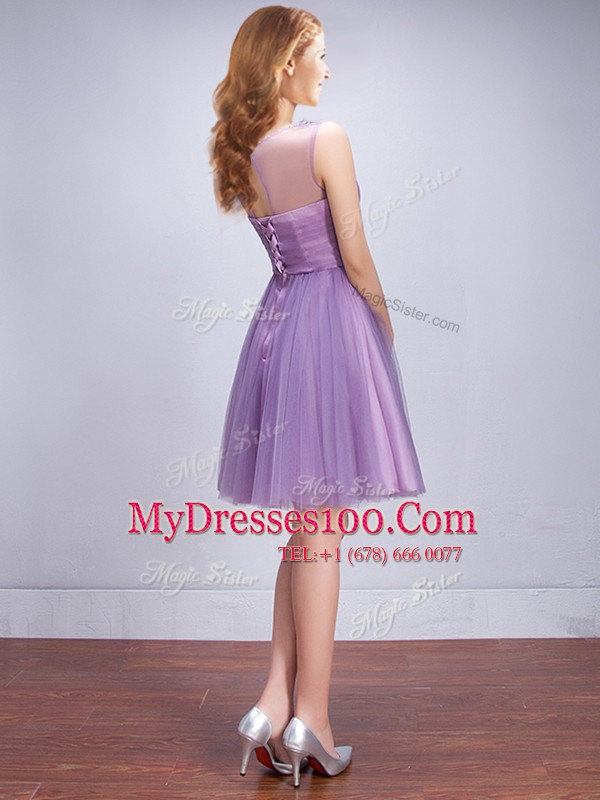 Modest Scoop Lavender Sleeveless Beading and Ruching and Belt Mini Length Quinceanera Dama Dress