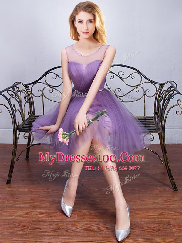 Modest Scoop Lavender Sleeveless Beading and Ruching and Belt Mini Length Quinceanera Dama Dress