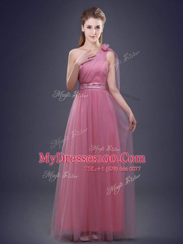 Affordable One Shoulder Sleeveless Lace Up Bridesmaid Dress Pink Tulle