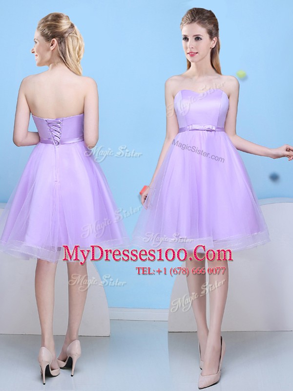 Sleeveless Knee Length Bowknot Lace Up Bridesmaid Gown with Lavender