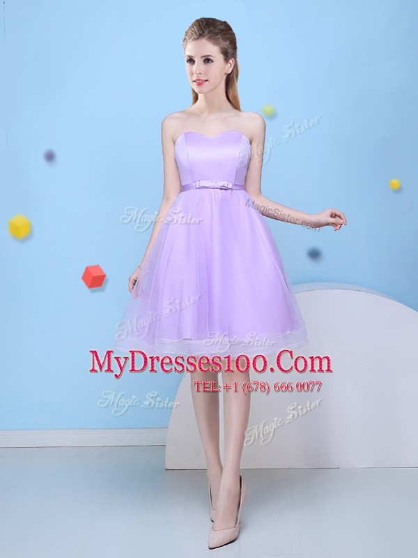Sleeveless Knee Length Bowknot Lace Up Bridesmaid Gown with Lavender
