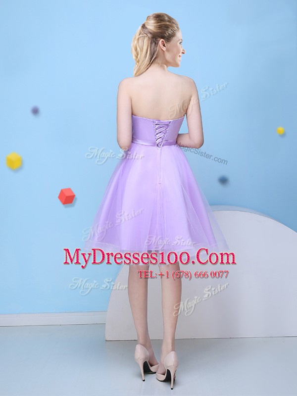 Sleeveless Knee Length Bowknot Lace Up Bridesmaid Gown with Lavender