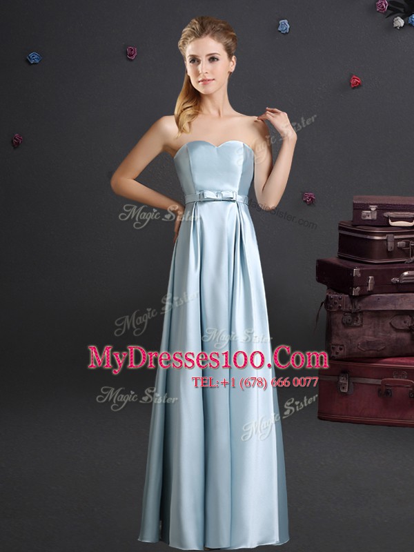 Pretty Square Sleeveless Wedding Party Dress Floor Length Bowknot Light Blue Elastic Woven Satin