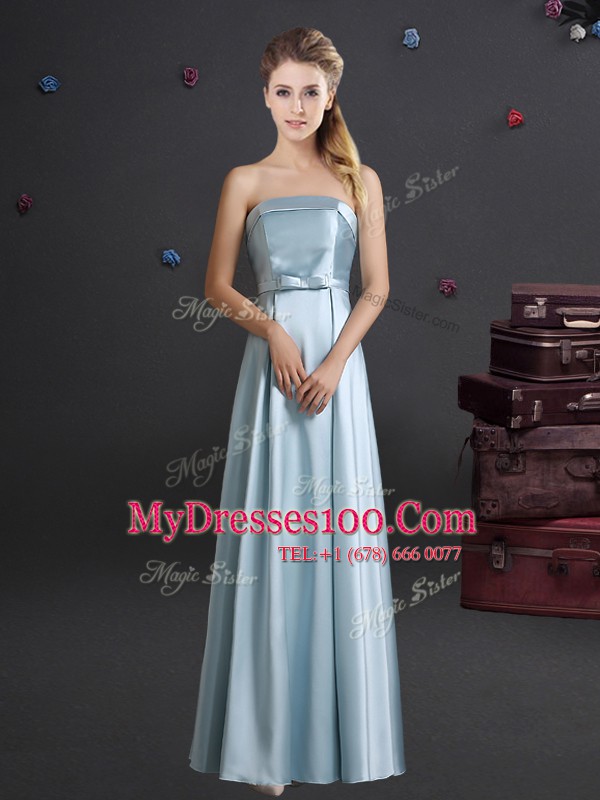 Pretty Square Sleeveless Wedding Party Dress Floor Length Bowknot Light Blue Elastic Woven Satin