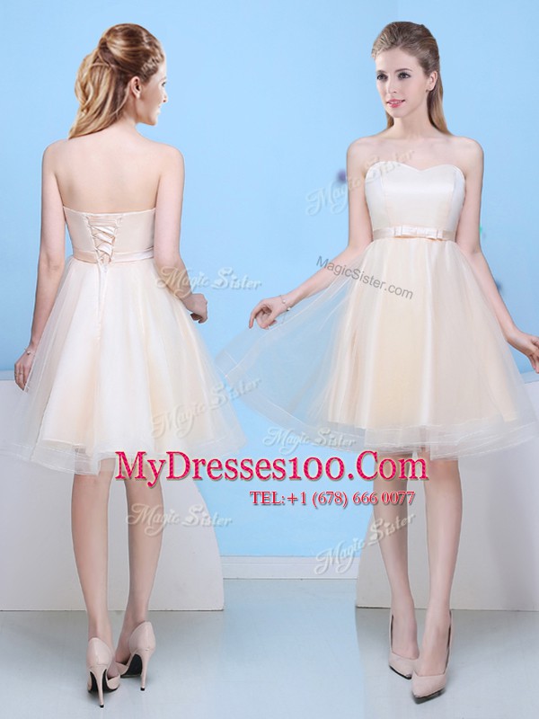 Strapless Sleeveless Lace Up Bridesmaid Dress Champagne Tulle