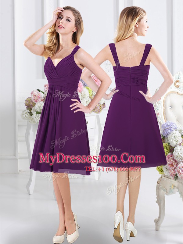 Glittering Purple Chiffon Zipper Wedding Guest Dresses Cap Sleeves Knee Length Ruching
