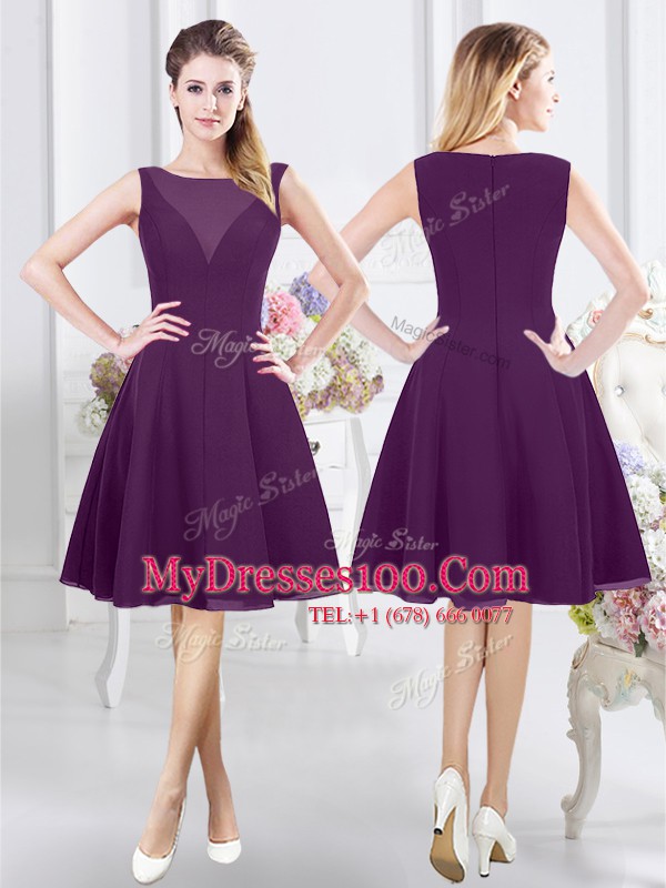 Glittering Purple Chiffon Zipper Wedding Guest Dresses Cap Sleeves Knee Length Ruching