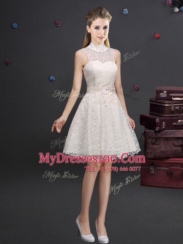 Lace and Appliques Damas Dress Champagne Lace Up Sleeveless Knee Length
