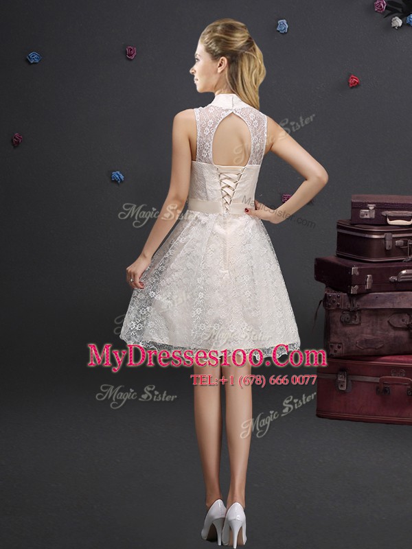 Lace and Appliques Damas Dress Champagne Lace Up Sleeveless Knee Length