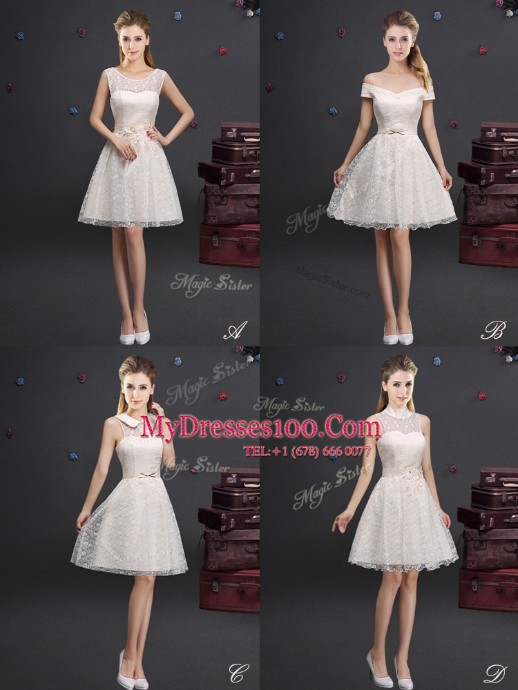 Lace and Appliques Damas Dress Champagne Lace Up Sleeveless Knee Length
