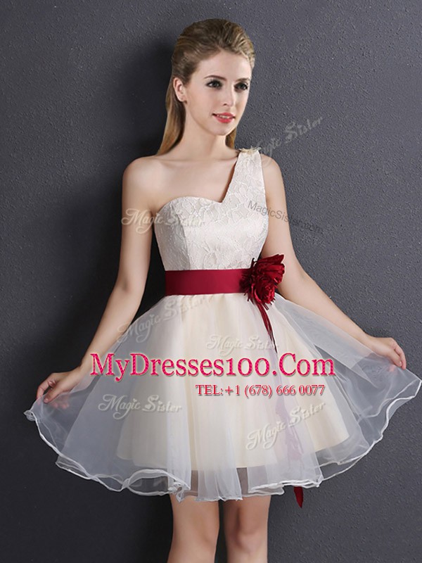 Lovely Champagne A-line Organza One Shoulder Sleeveless Lace and Hand Made Flower Mini Length Lace Up Bridesmaid Gown