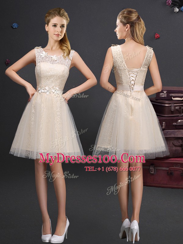 Sophisticated Scoop Sleeveless Lace Up Mini Length Lace and Appliques and Belt Bridesmaid Dresses