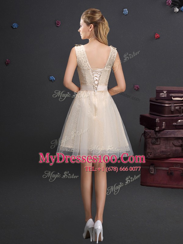 Sophisticated Scoop Sleeveless Lace Up Mini Length Lace and Appliques and Belt Bridesmaid Dresses