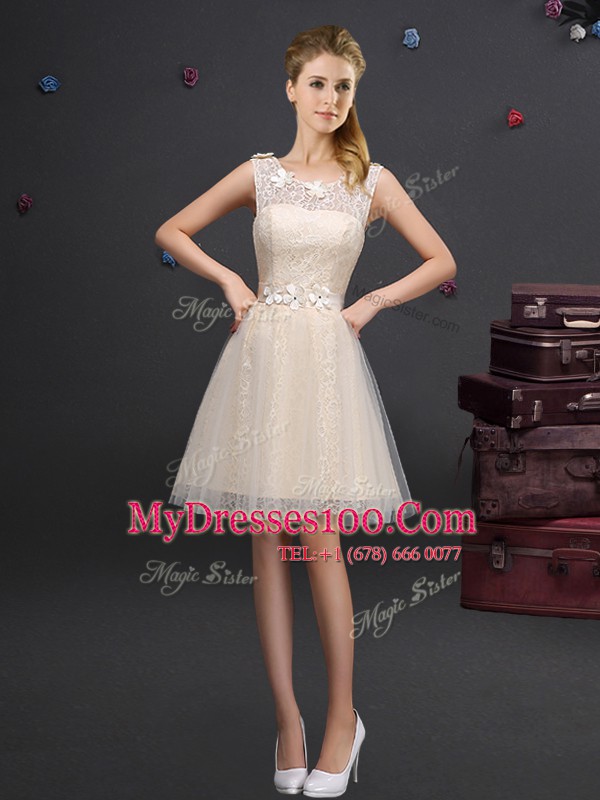 Sophisticated Scoop Sleeveless Lace Up Mini Length Lace and Appliques and Belt Bridesmaid Dresses