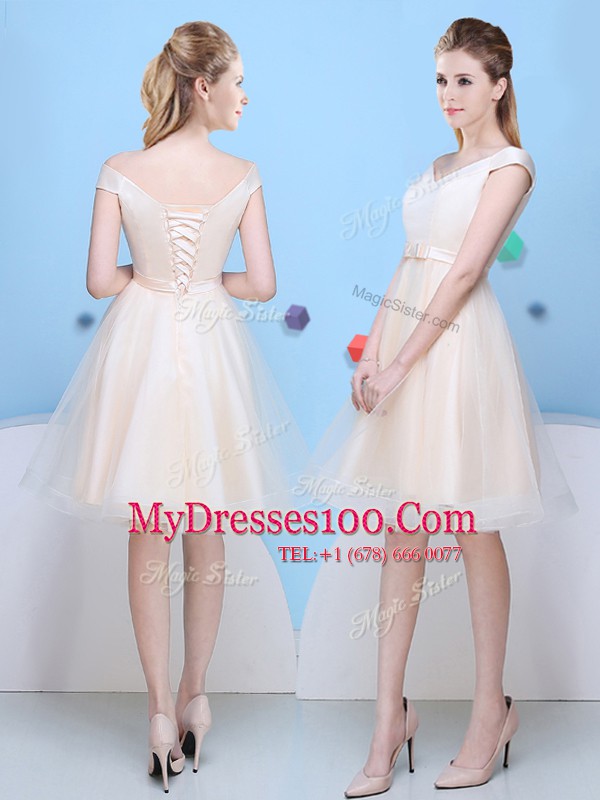 Cap Sleeves Lace Up Knee Length Bowknot Quinceanera Court Dresses