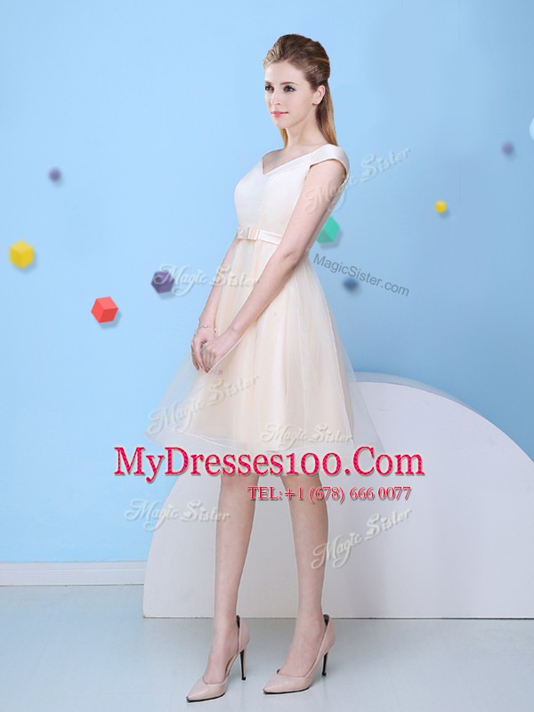 Cap Sleeves Lace Up Knee Length Bowknot Quinceanera Court Dresses