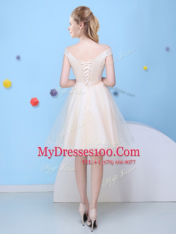Cap Sleeves Lace Up Knee Length Bowknot Quinceanera Court Dresses