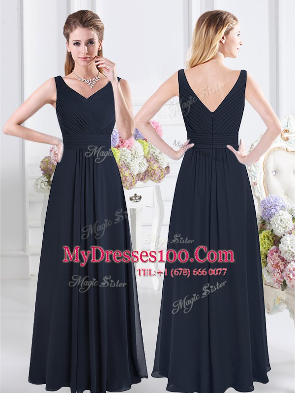 Dynamic Floor Length Navy Blue Dama Dress for Quinceanera Chiffon Sleeveless Ruching
