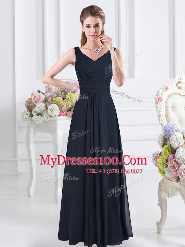 Dynamic Floor Length Navy Blue Dama Dress for Quinceanera Chiffon Sleeveless Ruching