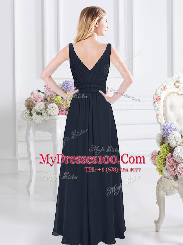 Dynamic Floor Length Navy Blue Dama Dress for Quinceanera Chiffon Sleeveless Ruching