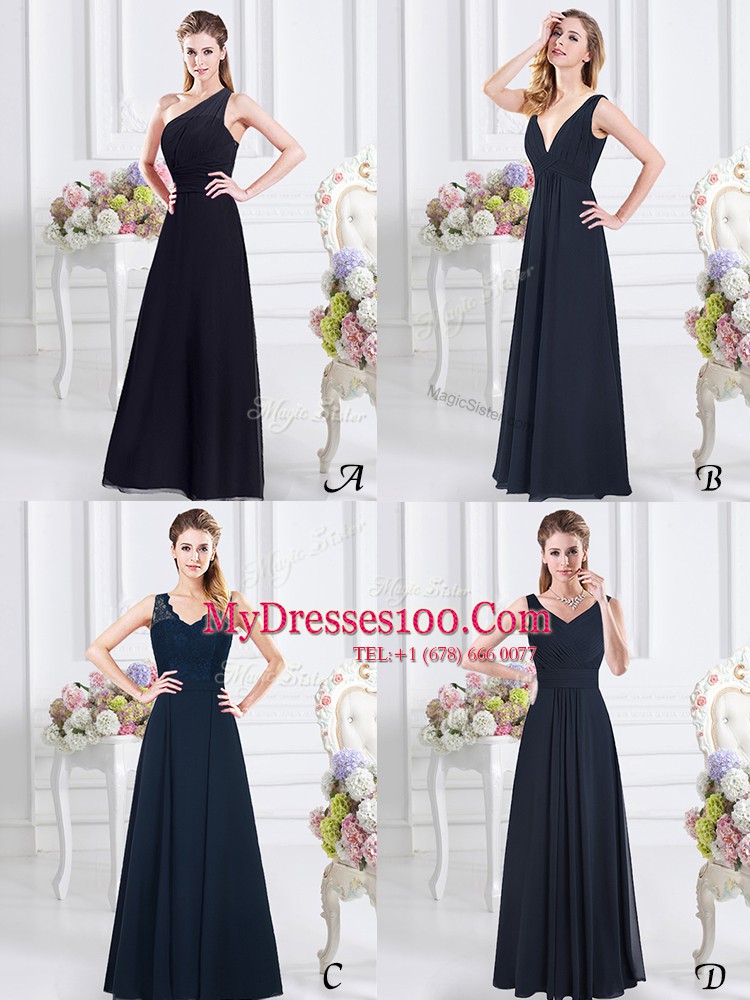 Dynamic Floor Length Navy Blue Dama Dress for Quinceanera Chiffon Sleeveless Ruching