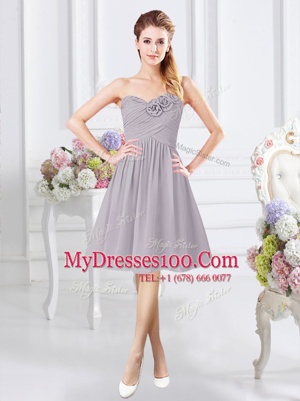 Cheap Grey Chiffon Zipper Sweetheart Sleeveless Knee Length Bridesmaids Dress Ruching and Hand Made Flower