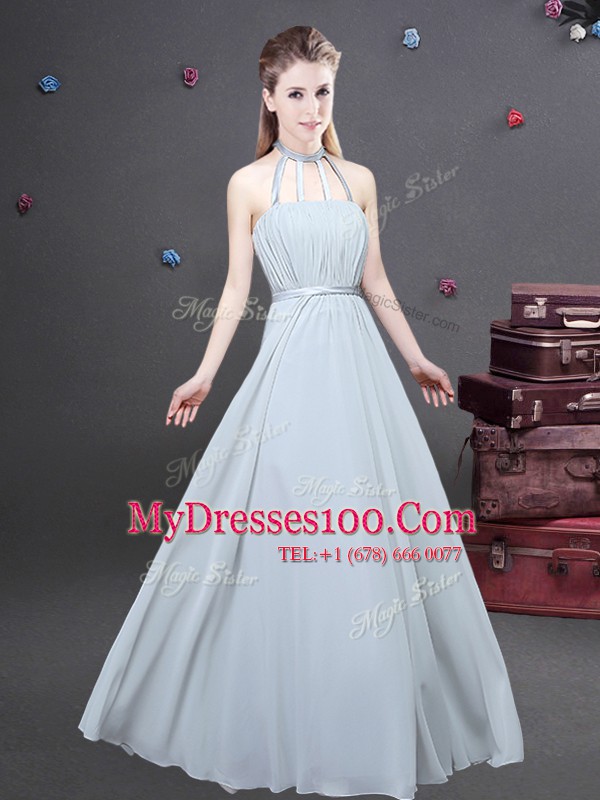 Halter Top Floor Length Grey Wedding Party Dress Chiffon Sleeveless Ruching