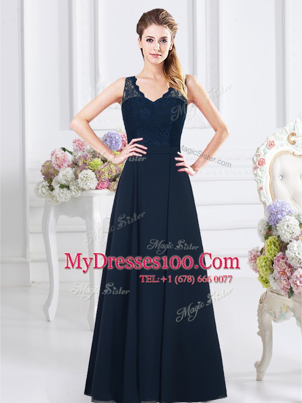 Floor Length Backless Wedding Guest Dresses Navy Blue for Prom and Party and Wedding Party with Lace and Ruching