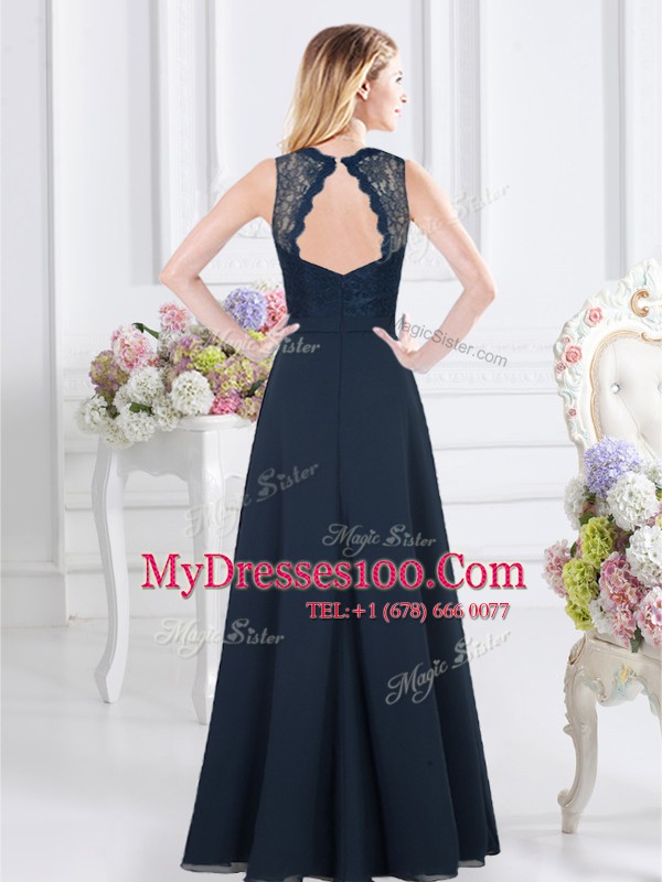 Floor Length Backless Wedding Guest Dresses Navy Blue for Prom and Party and Wedding Party with Lace and Ruching