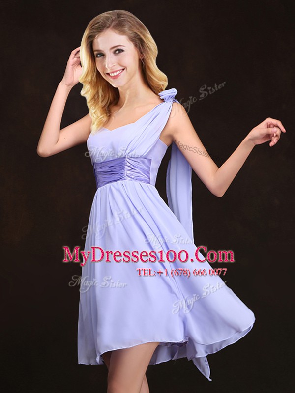Lavender One Shoulder Neckline Ruching and Hand Made Flower Dama Dress Sleeveless Zipper