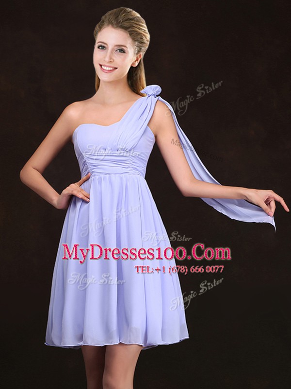 One Shoulder Lavender Zipper Bridesmaid Dress Ruching and Hand Made Flower Sleeveless Mini Length