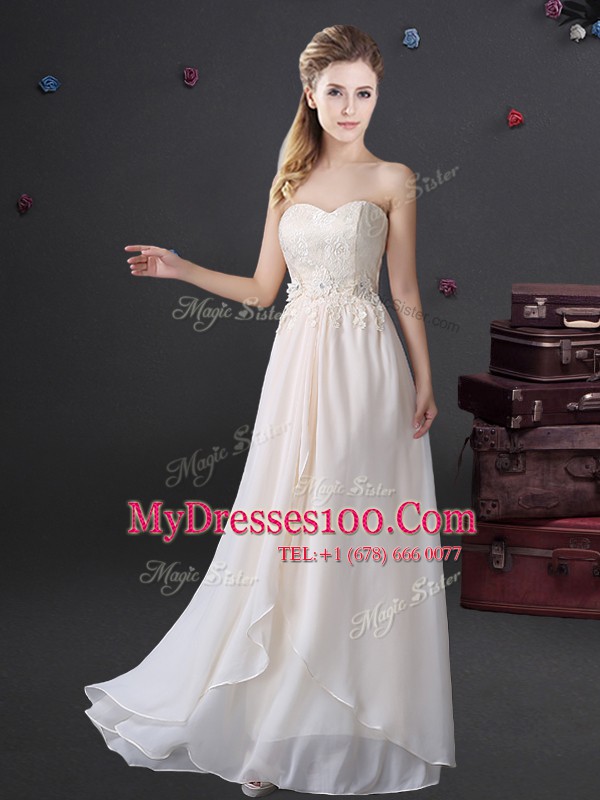 Elegant Floor Length White Wedding Guest Dresses Chiffon Sleeveless Lace and Appliques