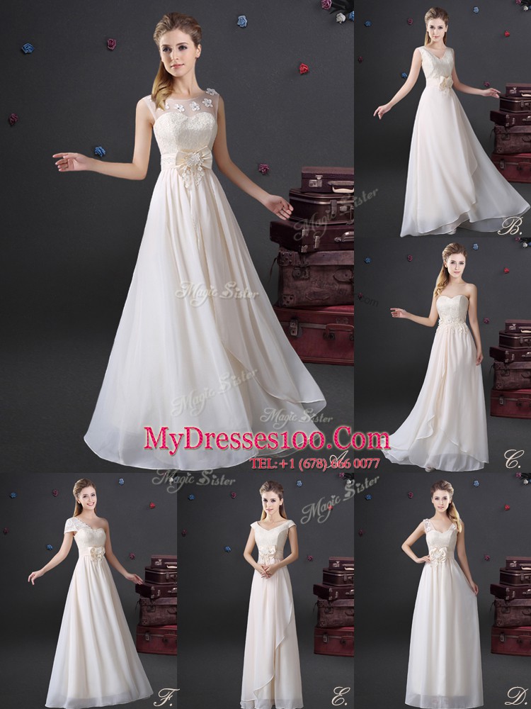 Elegant Floor Length White Wedding Guest Dresses Chiffon Sleeveless Lace and Appliques