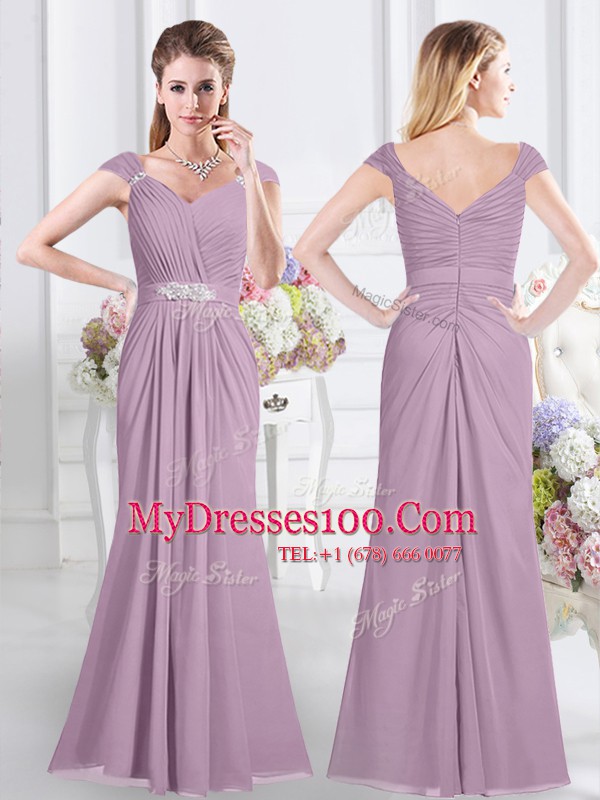 Floor Length Empire Cap Sleeves Lavender Bridesmaids Dress Zipper